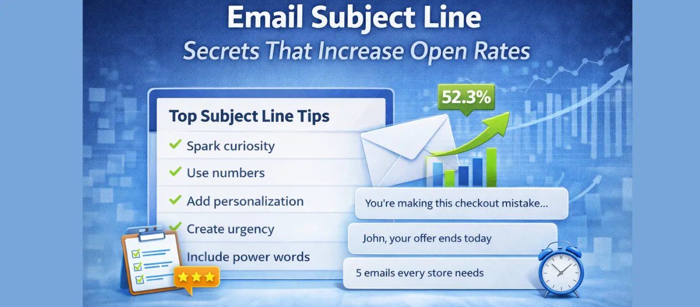 Email subject line secrets that increase open rates with checklist, analytics chart, envelope icon, and ecommerce email marketing tips.