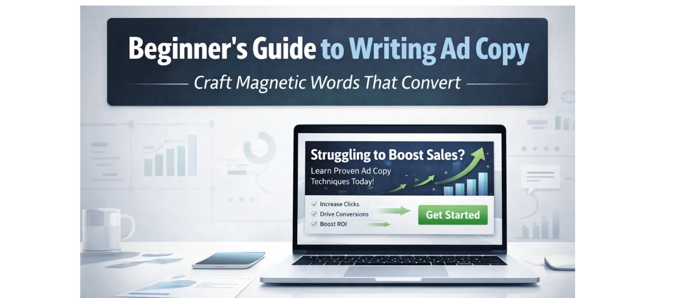 Beginner’s guide to writing ad copy showing a laptop with high-converting headlines, CTA buttons, and conversion-focused design elements