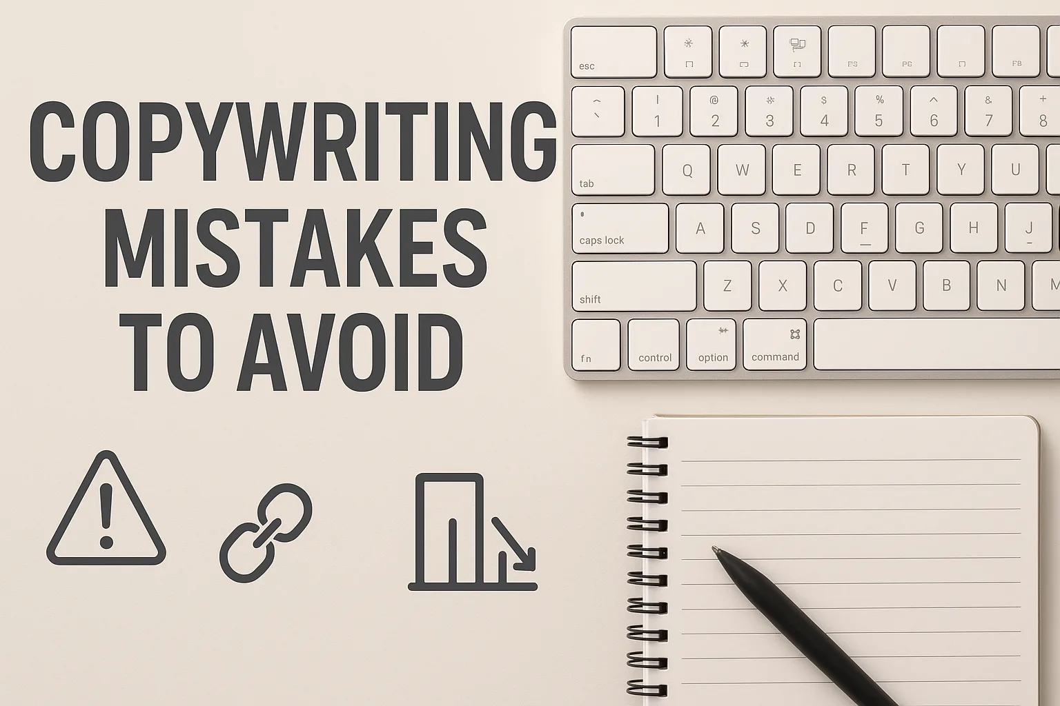 Minimalist workspace with notebook, keyboard, pen, and bold text reading ‘Copywriting Mistakes to Avoid’ on a clean, modern banner with soft lighting and subtle error icons.