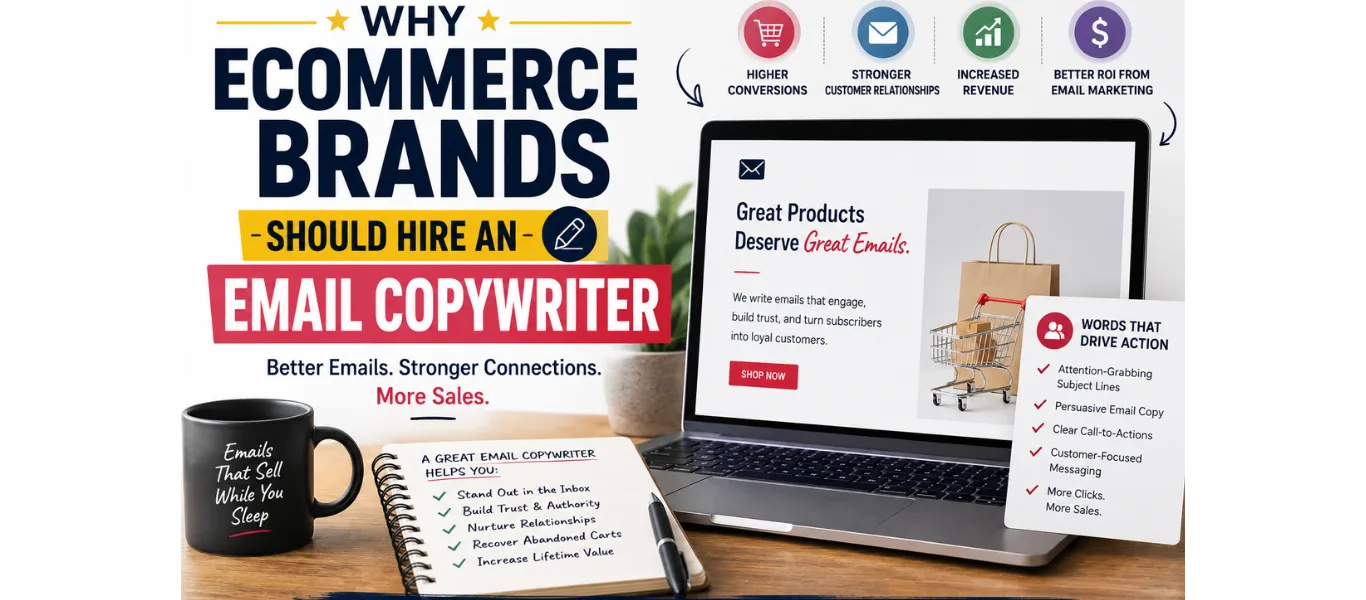 Laptop displaying ecommerce email marketing campaigns beside a notebook and coffee mug, illustrating why ecommerce brands should hire an email copywriter to increase conversions and sales.