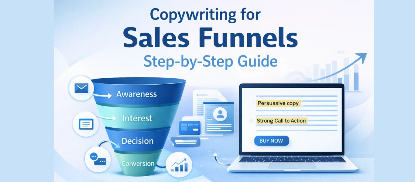Copywriting for sales funnels step-by-step guide showing funnel stages and marketing copy