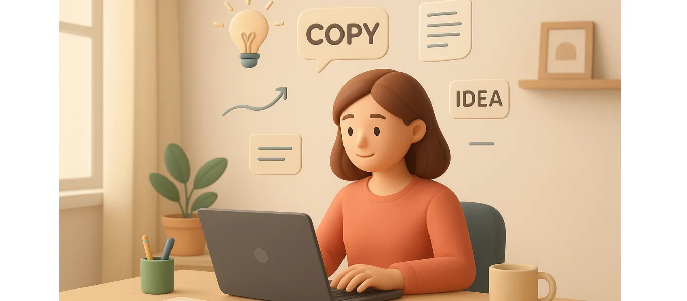 3D semi-realistic illustration of a beginner freelance copywriter typing on a laptop in a cosy home workspace, surrounded by soft natural lighting, floating ideas, notes, and creative elements in pastel colours, with a calm and motivational atmosphere.