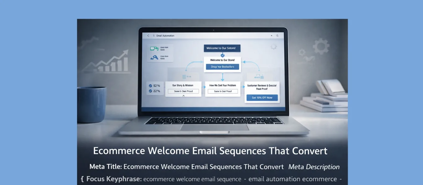 Modern laptop displaying an ecommerce welcome email automation dashboard with subject lines, CTA buttons, conversion arrows, and analytics icons in a clean workspace.