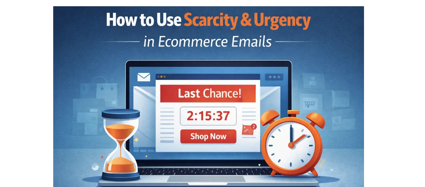 Illustration showing a laptop with a time-sensitive ecommerce email featuring a countdown timer, “Last Chance” headline, and a Shop Now CTA, representing scarcity and urgency in ecommerce email marketing.