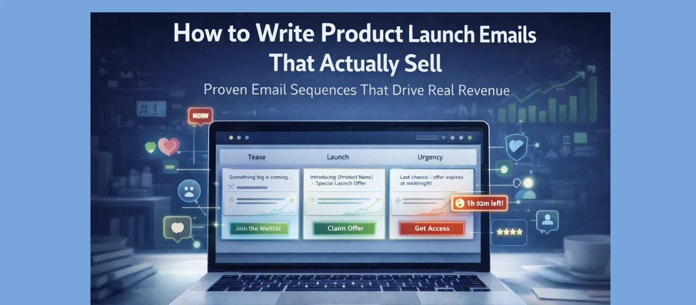 Modern digital marketing workspace with laptop displaying a product launch email sequence dashboard showing Tease, Launch, and Urgency stages, conversion graphs, countdown timer, social proof icons, and glowing CTA buttons.