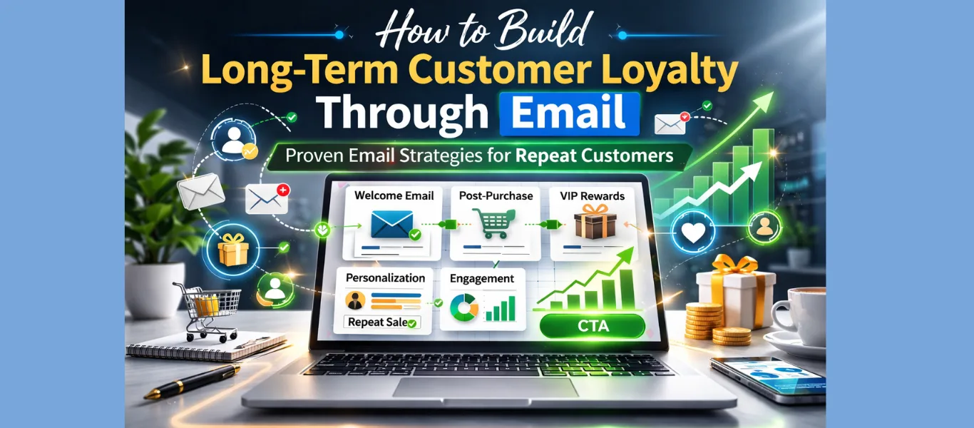 A clean, modern digital marketing workspace featuring a laptop displaying a customer loyalty email marketing dashboard. The screen shows automated email flows (Welcome, Post-Purchase, VIP Rewards), personalized subject lines, engagement graphs trending upward, and glowing CTA buttons. Subtle icons representing trust, retention, repeat purchases, and customer engagement floating softly in the background. No people. Minimal clutter. Strong focus on the laptop screen. Text Overlay (Bold and Clear): “How to Build Long-Term Customer Loyalty Through Email” Subtext: “Proven Email Strategies for Repeat Customers” Style: modern, professional, authority-focused Color Palette: white, blue, dark gray with subtle green accents Aspect Ratio: 16:9 Mood: strategic, trustworthy, growth-focused Lighting: soft studio lighting with clean UI glow Design: sharp, minimal layout, high-contrast typography for blog header use