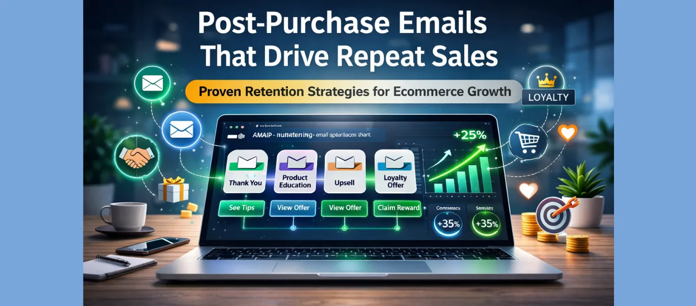 Laptop displaying an ecommerce post-purchase email automation dashboard with thank-you, upsell, and loyalty email sequence, glowing CTA buttons, and upward-trending conversion graphs.