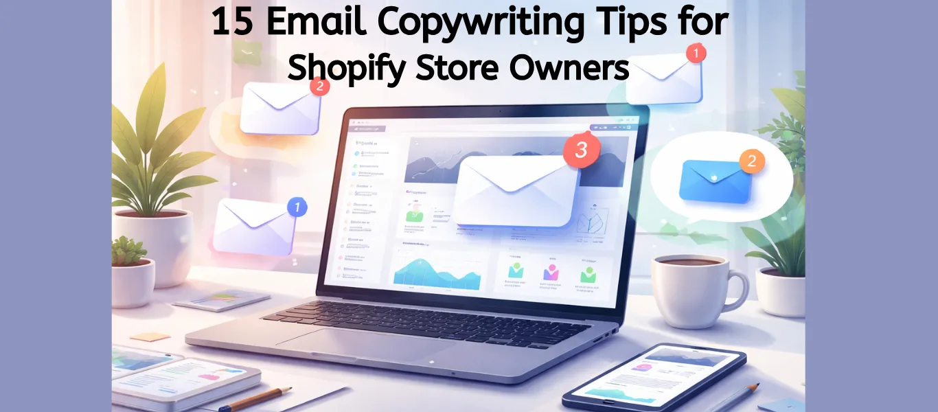 Email copywriting tips for Shopify store owners showing ecommerce dashboard with email notifications and sales analytics