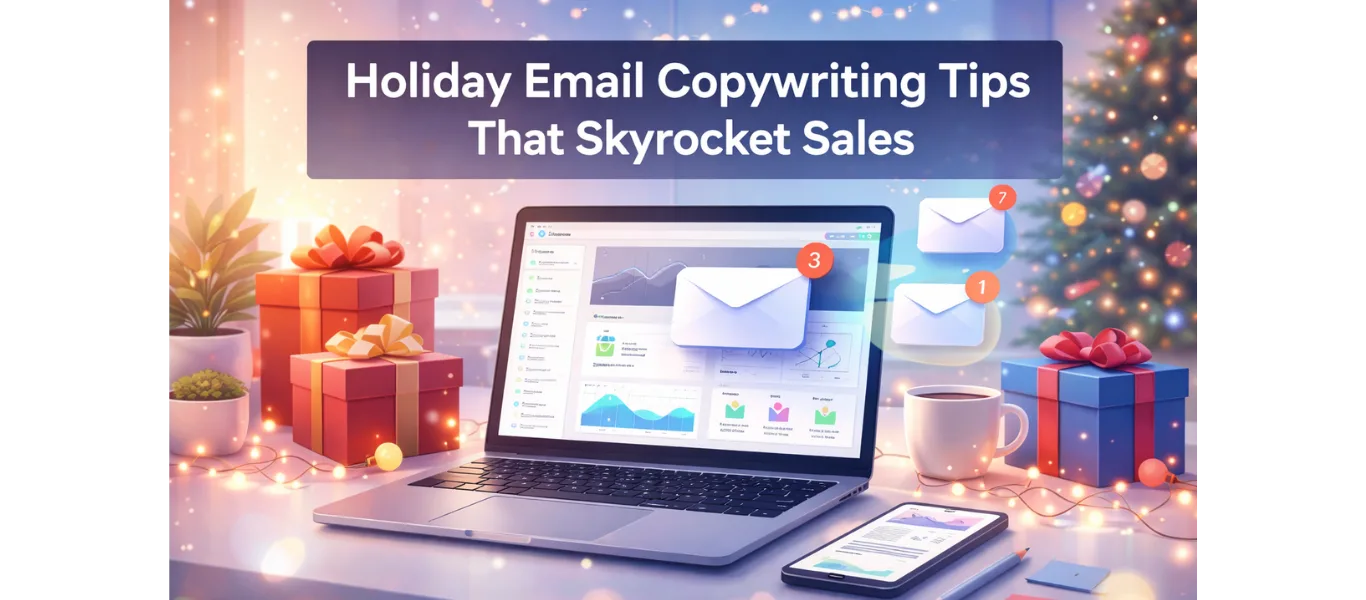 holiday email copywriting tips ecommerce dashboard with festive elements and email notifications