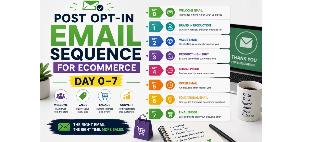 Modern infographic-style featured image showing a post opt-in email sequence for ecommerce stores from Day 0 to Day 7 with welcome emails, value emails, social proof, offers, and conversion-focused automation steps.