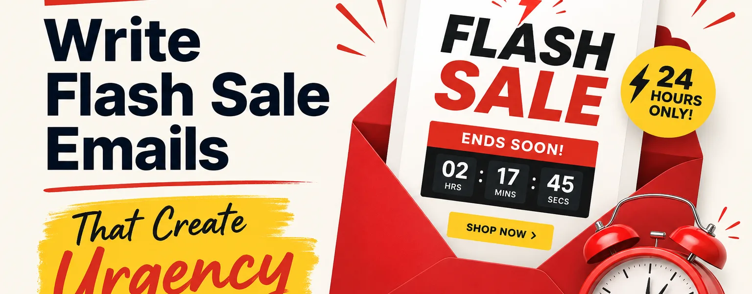 Modern featured image for a blog about writing flash sale emails, showing a red email envelope, countdown timer, alarm clock, and bold text emphasizing urgency and limited-time offers.