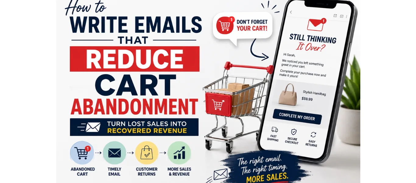 Smartphone displaying a cart abandonment recovery email beside a shopping cart, showing strategies for writing high-converting emails that recover lost ecommerce sales.