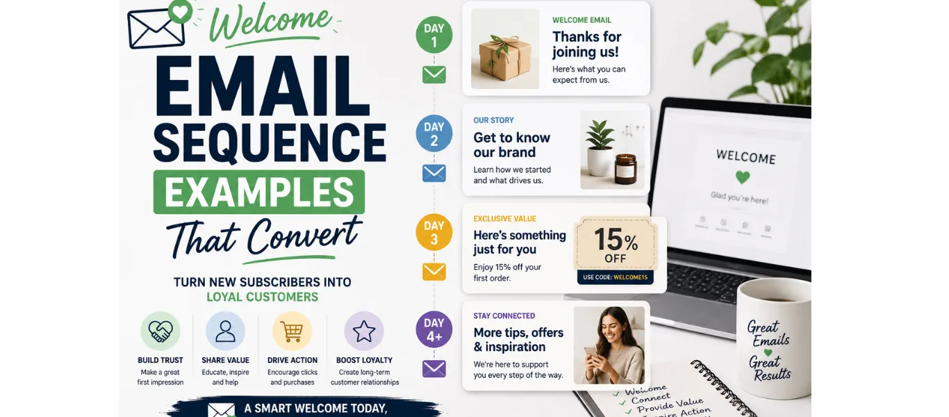 welcome email sequence examples that convert subscribers for ecommerce brands and course creators