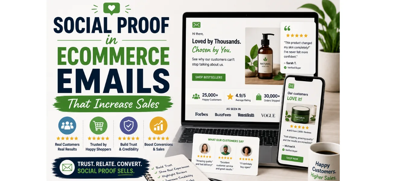 Featured image showing social proof elements in ecommerce email marketing, including customer reviews, star ratings, testimonials, trust badges, and increasing sales metrics displayed on a laptop dashboard.