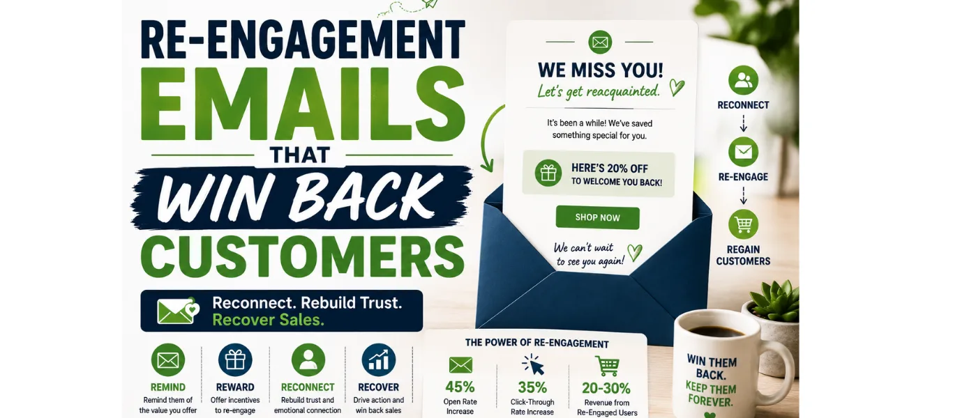 Modern featured image for a blog about re-engagement email marketing, showing a "We Miss You" email inside an open envelope, customer retention icons, and the headline "Re-Engagement Emails That Win Back Customers" in a clean, professional design.
