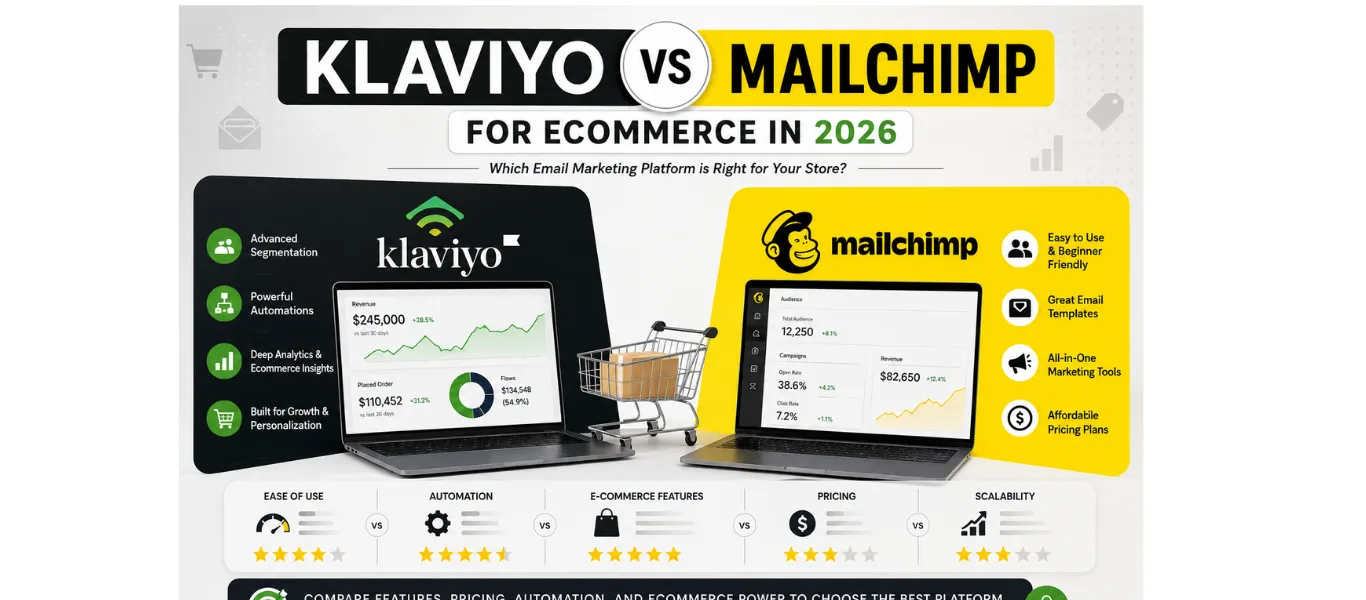 Comparison of Klaviyo vs Mailchimp for ecommerce in 2026, featuring side-by-side email marketing dashboards highlighting automation, segmentation, analytics, pricing, and scalability for online stores.