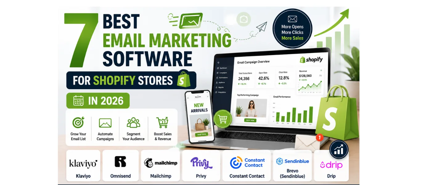 Comparison of the 7 best email marketing software for Shopify stores in 2026, featuring popular platforms, automation tools, audience segmentation, analytics dashboards, and ecommerce growth metrics.
