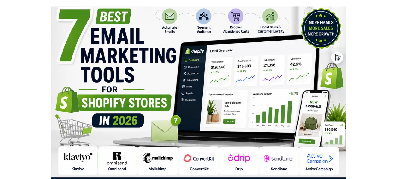 Featured image comparing the 7 best email marketing tools for Shopify stores in 2026, showcasing Klaviyo, Omnisend, Mailchimp, ConvertKit, Drip, Sendlane, and ActiveCampaign with ecommerce automation dashboards and Shopify integrations.