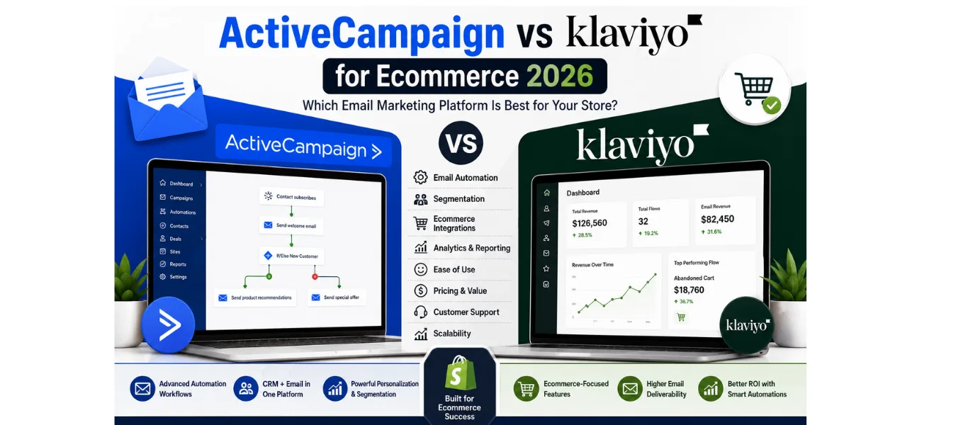 Featured image comparing ActiveCampaign vs Klaviyo for Ecommerce 2026, showcasing side-by-side email marketing dashboards with automation workflows, customer segmentation, analytics, ecommerce integrations, and revenue growth metrics.