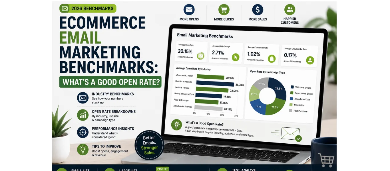 Ecommerce email marketing benchmarks infographic showing average open rates, click-through rates, conversion rates, and industry email performance for 2026.