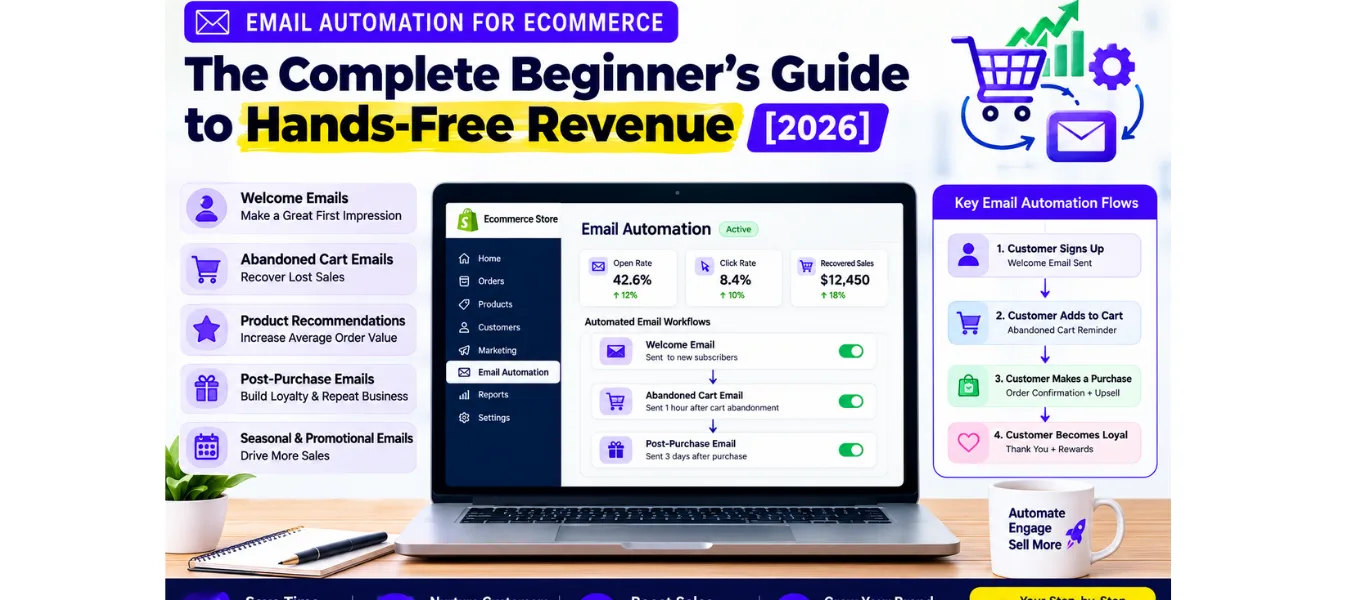 Featured image for email automation for ecommerce, showing automated welcome emails, abandoned cart recovery, product recommendations, post-purchase emails, customer loyalty flows, and ecommerce sales analytics.