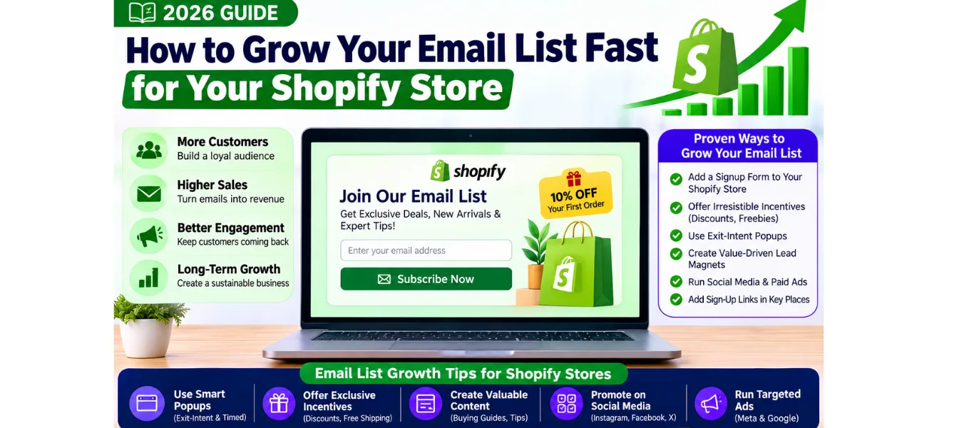 How to grow your email list fast for a Shopify store in 2026 using signup forms, incentives, popups, lead magnets, social media, and targeted ads.