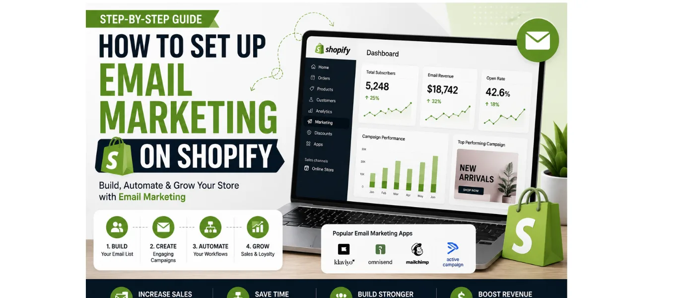 Step-by-step guide to setting up email marketing on Shopify, featuring a Shopify dashboard with email automation, subscriber growth, campaign analytics, and ecommerce marketing tools.