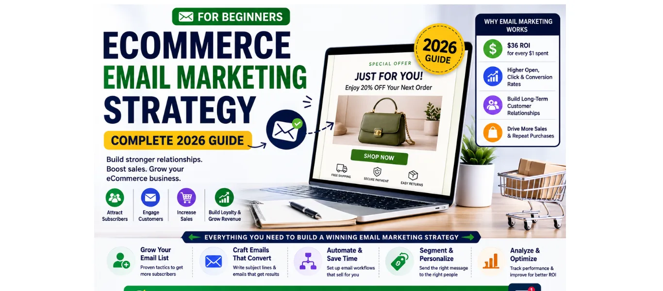 Ecommerce email marketing strategy for beginners in 2026, featuring email list growth, conversion-focused emails, automation, personalization, customer engagement, and sales growth.