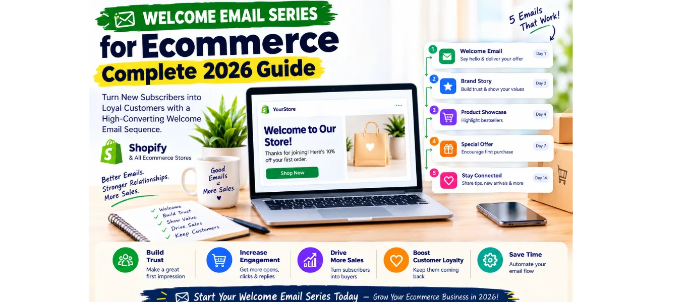 Featured image showing a welcome email series for ecommerce stores, with a laptop displaying a welcome email sequence, customer engagement, product promotion, special offers, and loyalty-building strategies.