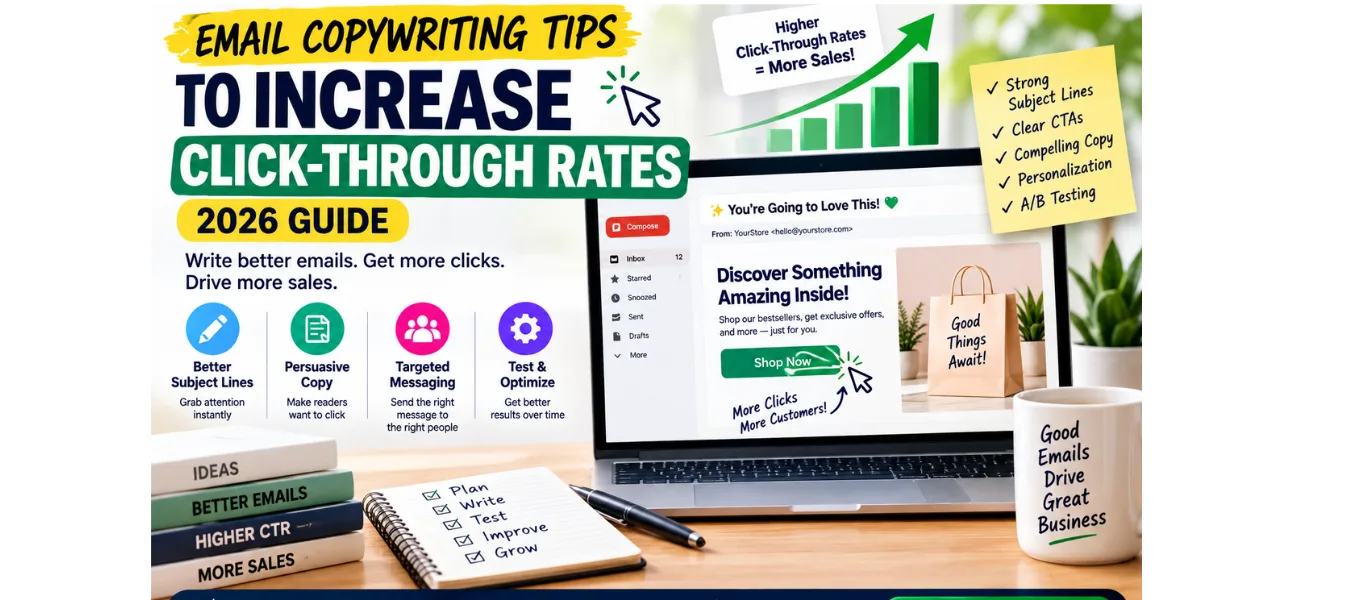 Email copywriting tips to increase click-through rates in 2026, featuring persuasive email copy, strong subject lines, clear CTAs, personalization, A/B testing, and ecommerce email optimization.