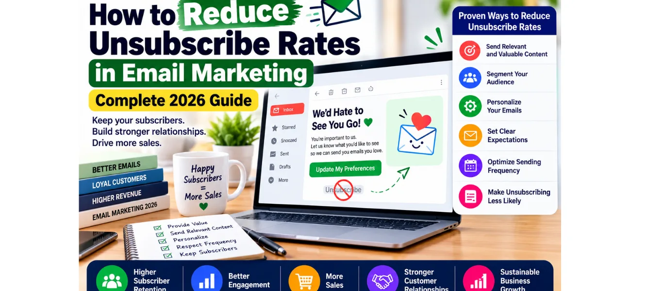 How to reduce unsubscribe rates in email marketing using relevant content, audience segmentation, personalization, optimized email frequency, and subscriber preferences.
